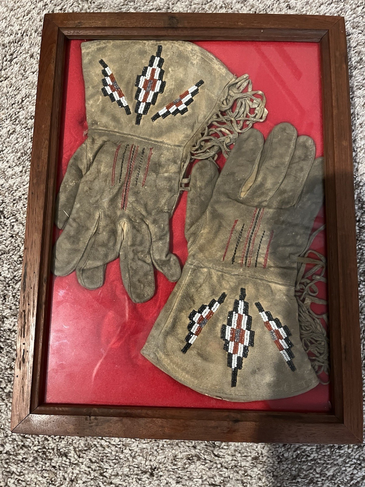 Native American Handmade Beaded Leather Gauntlet Gloves in Display Frame Native American Handmade Beaded Leather Gauntlet Gloves in Display Frame