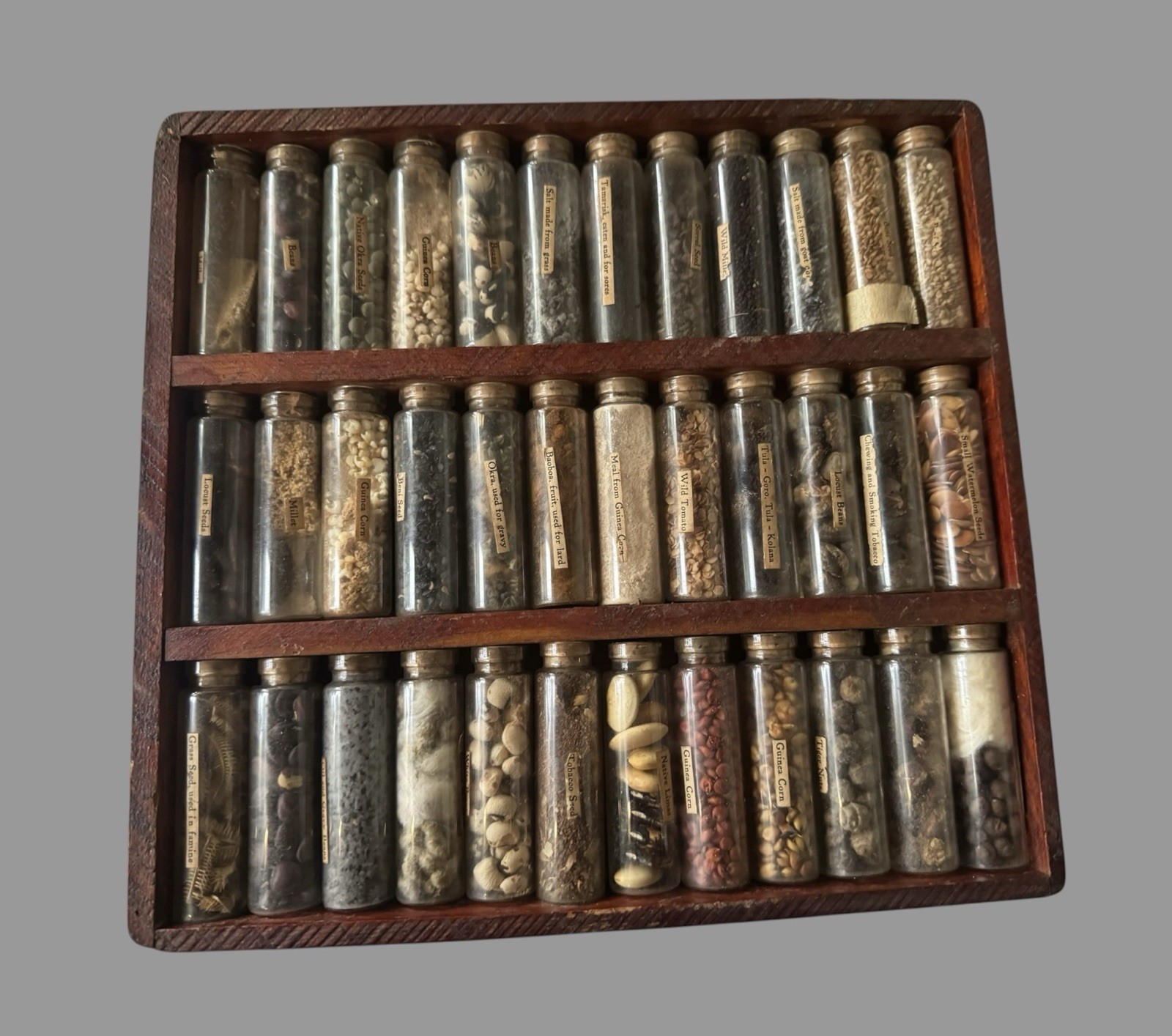 Antique Seed Salesman Sample Case 36 Glass Vials Botanical Farm Seed Collection