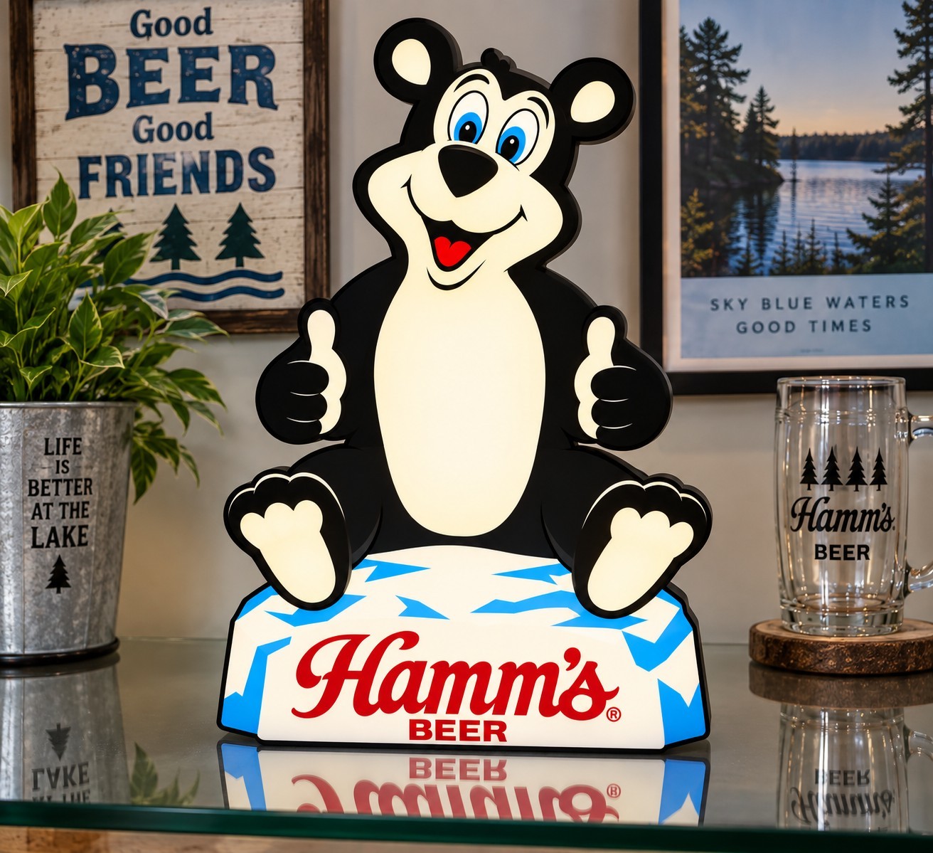 Hamm’s Beer Bear Thumbs Up LED Light Box Sign Vintage Bar Man Cave Decor