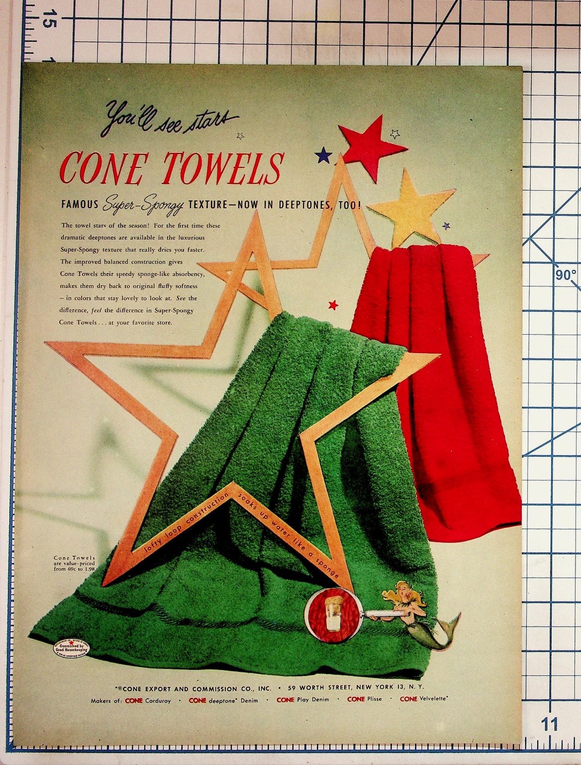 Vintage 1940s Cone Towels Super-Spongy Texture Magazine Ad Ephemera New York Vintage 1940s Cone Towels Super-Spongy Texture Magazine Ad Ephemera New York