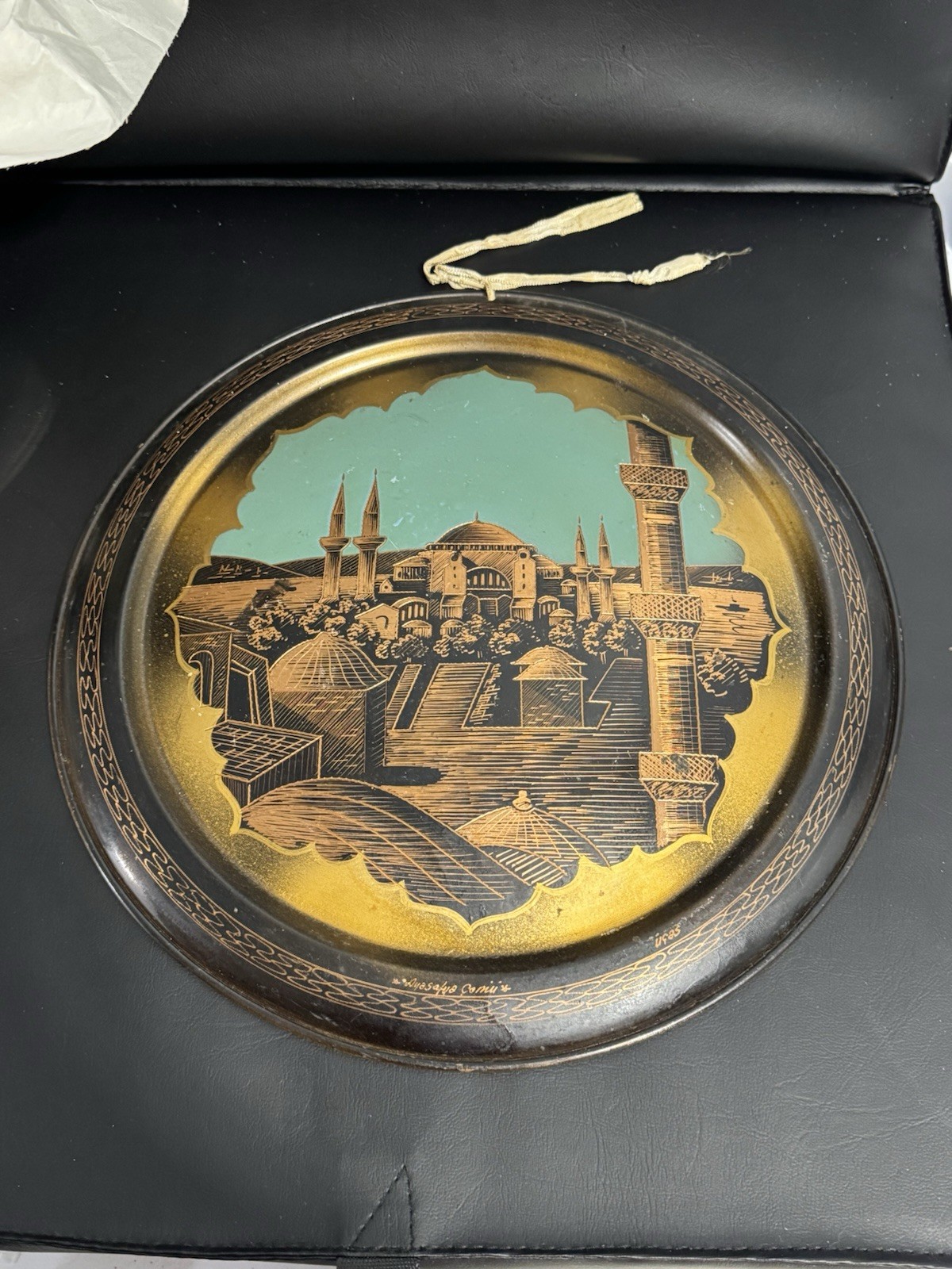 Signed Vintage Turkish Mosque Plate Gold Black Islamic Art Istanbul Wall Decor