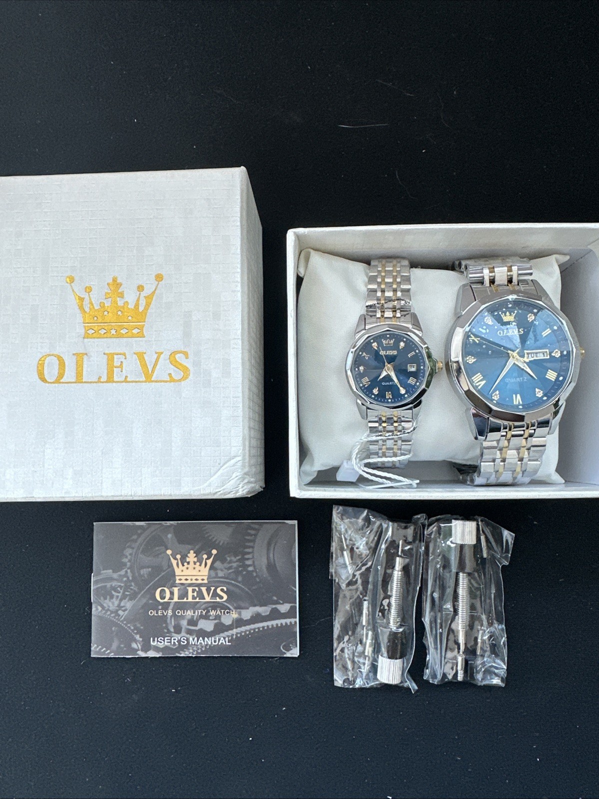 OLEVS Quartz Couple Watch Pair Blue Dial Stainless Steel Day Date New