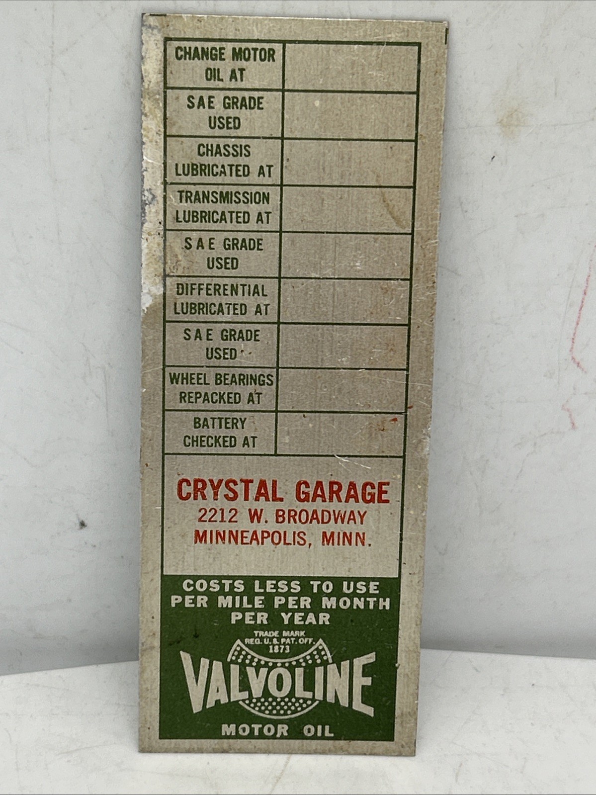 Valvoline Motor Oil Unused Door Jamb OIL Change Reminder Plaque Aluminum Mpls MN