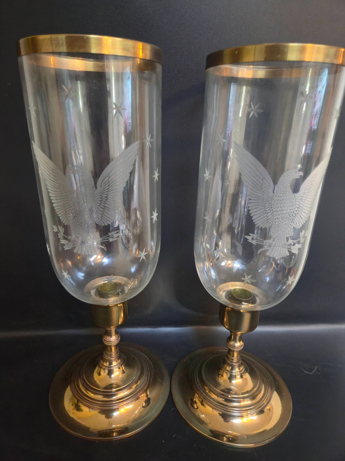 Vintage Pair Brass & Etched Glass Hurricane Candle Holders Federal Eagle Stars 1