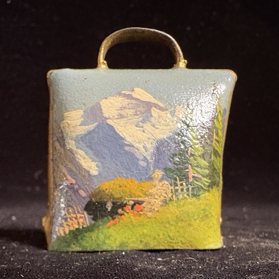 Vintage Interlaken Swiss Hand Painted Brass Cow Bell - Alpine Mountain Scene