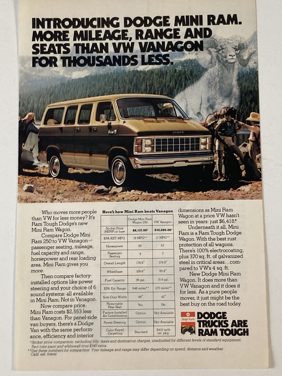 1982 Dodge Mini Ram Wagon Van  Print Ad More Mileage Range