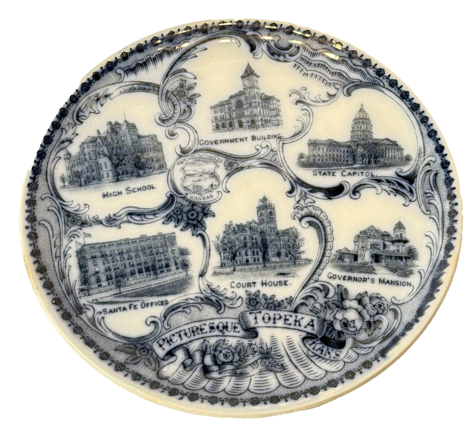 Topeka KS KANSAS Picturesque Blue Antique Souvenir RARE China Dish Plate Topeka KS KANSAS Picturesque Blue Antique Souvenir RARE China Dish Plate