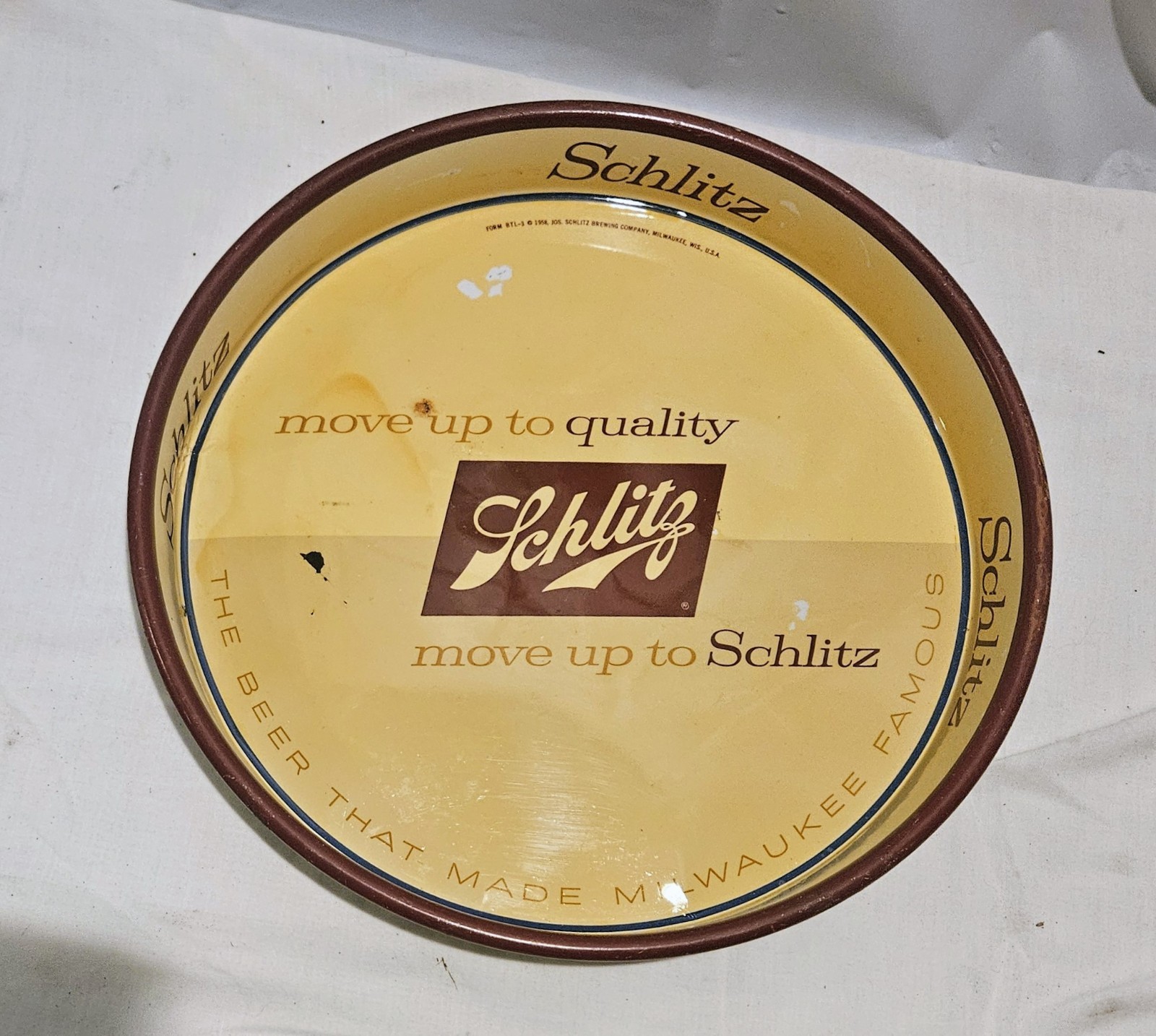 Vintage 1958 Schlitz Beer Tray - Move Up to Quality Metal Serving Tray