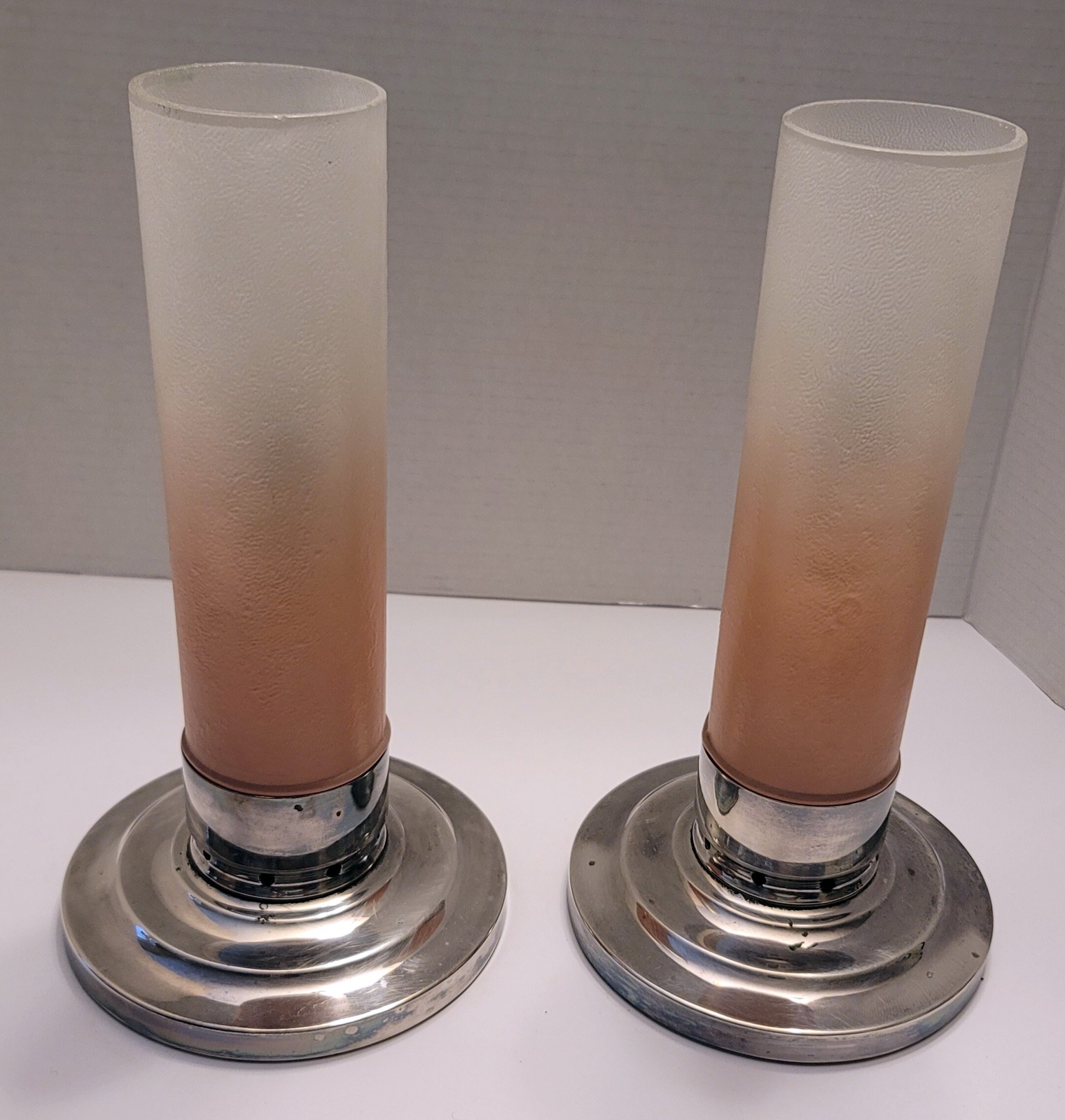 Art Deco F.T. Haffner Pink/White Glass & Chrome Base Candle Holders ******