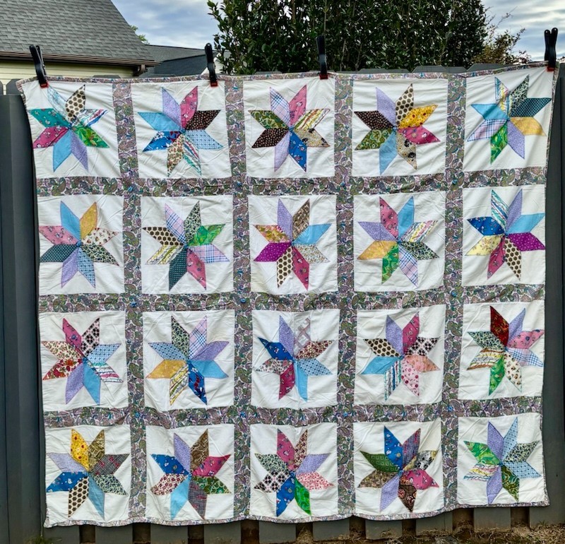 Unique Vintage Tied LeMoyne Star Quilt With 60\'s Paisley Print Backing & Sashing