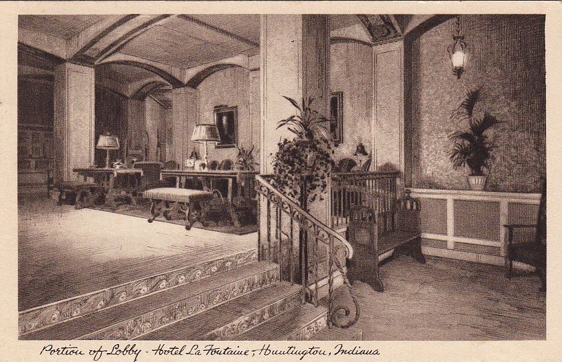  Postcard Portion of Lobby Hotel La Fontaine Huntington IN 