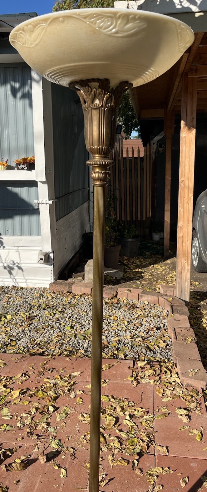 Antique 1920s Art Deco Torchiere Marble Floor Lamp Embossed Glass Floral Shade