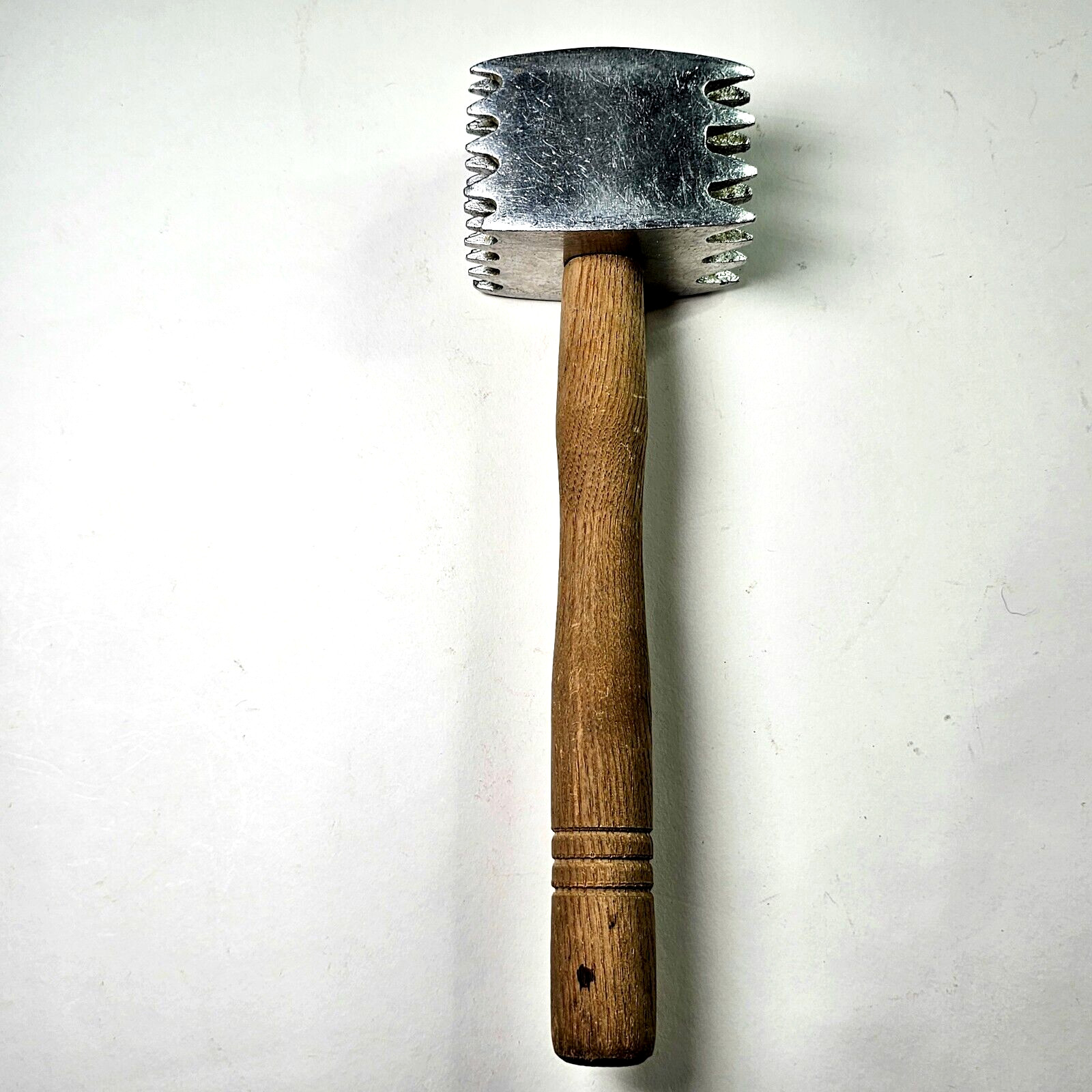 Vintage Large Heavy Duty Aluminum Meat Tenderizer With Wood Handle 9.5in 3in Top