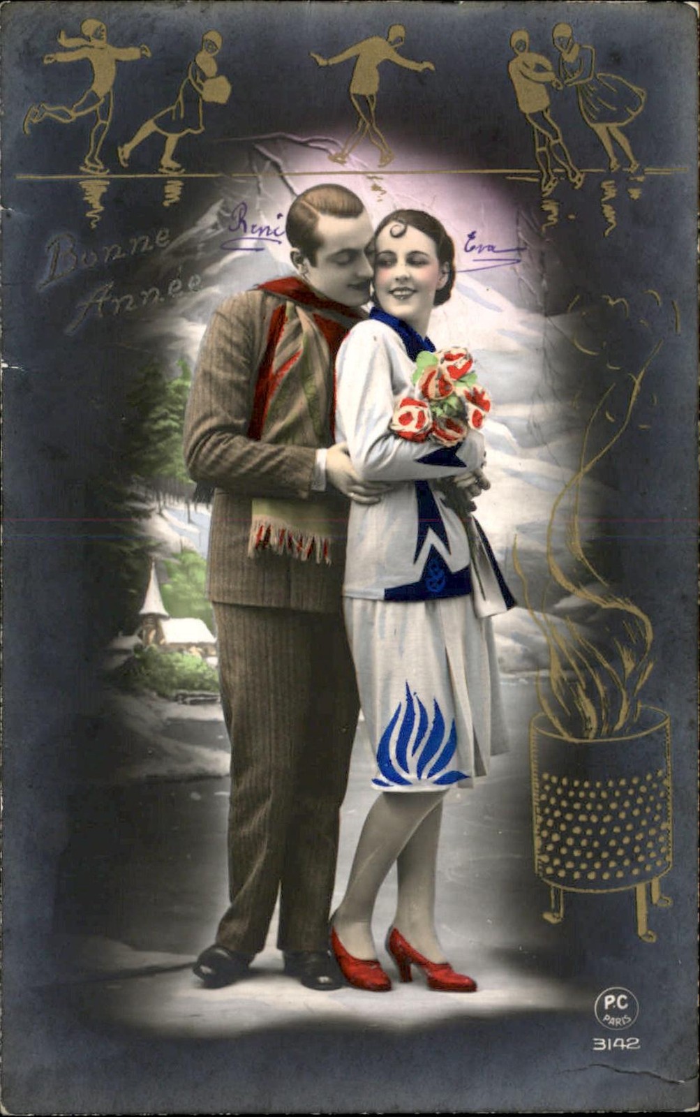 Winter Romance Couple Art Deco Tinted Paris c1910s Real Photo Vintage Postcard