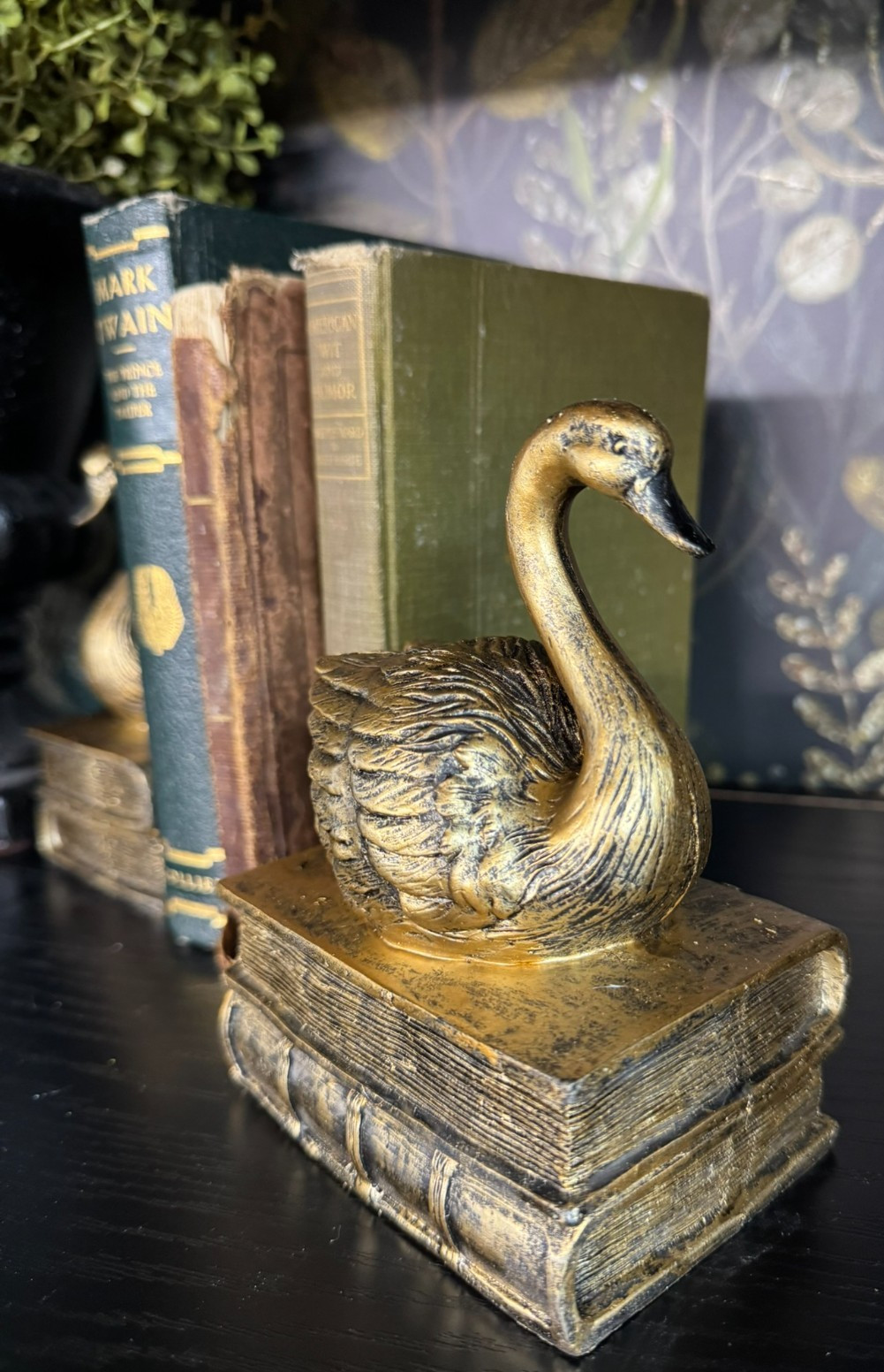 Lot 2 Antique-Gold Art Deco Swan On Vintage Books Bookends Swans Shelf Book Ends