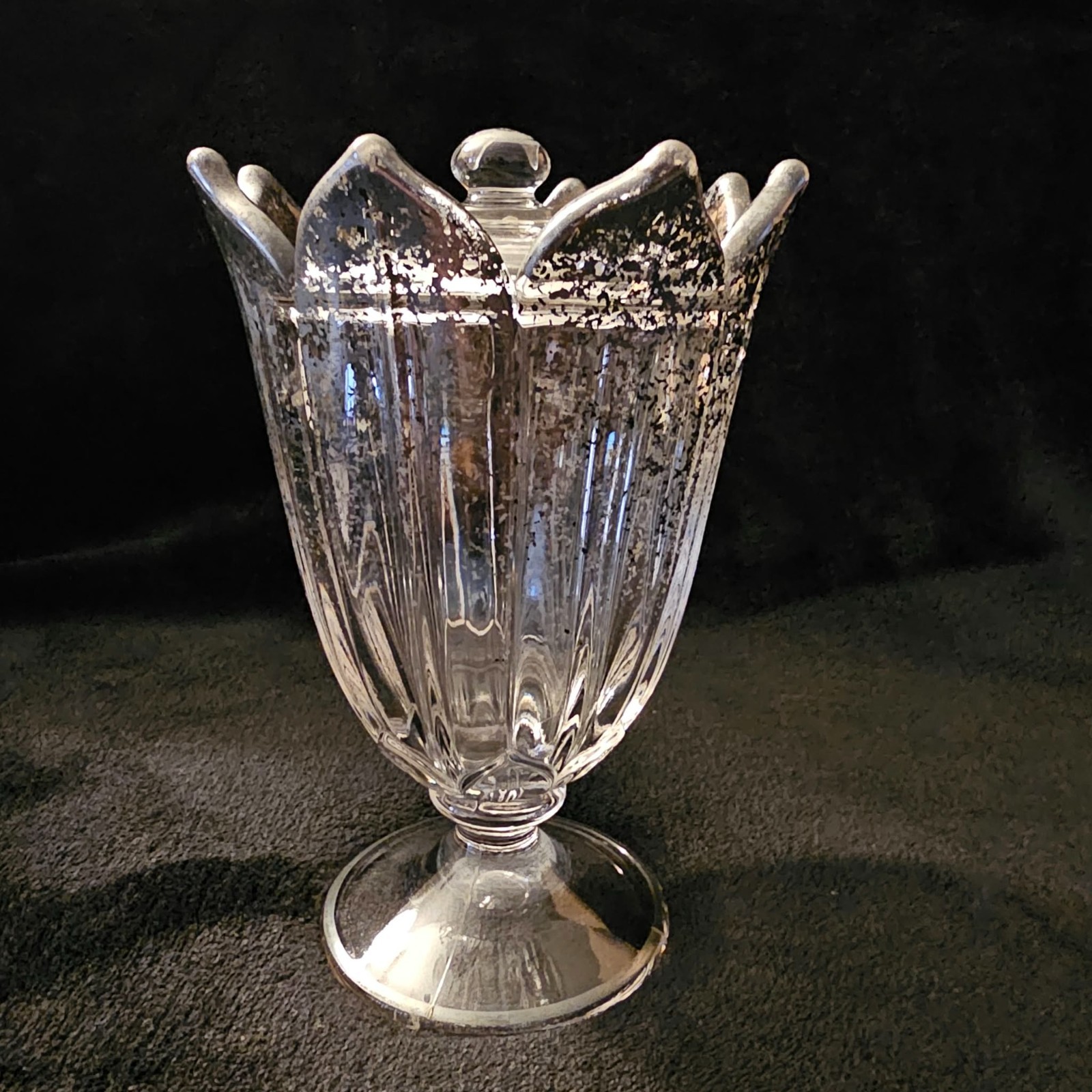 Vintage Early 1900\'s Flared Lotus Apothecary Lidded Candy Jar Silver Fleck