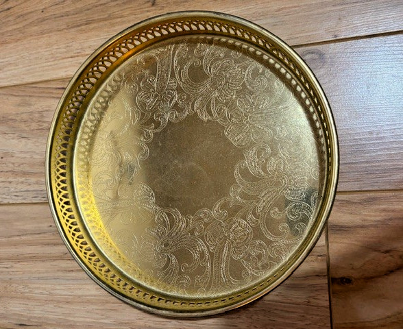 Vintage Scandia Gold/Guld 24K Gold Plated Round Serving Tray Etched Sweden 9.5\