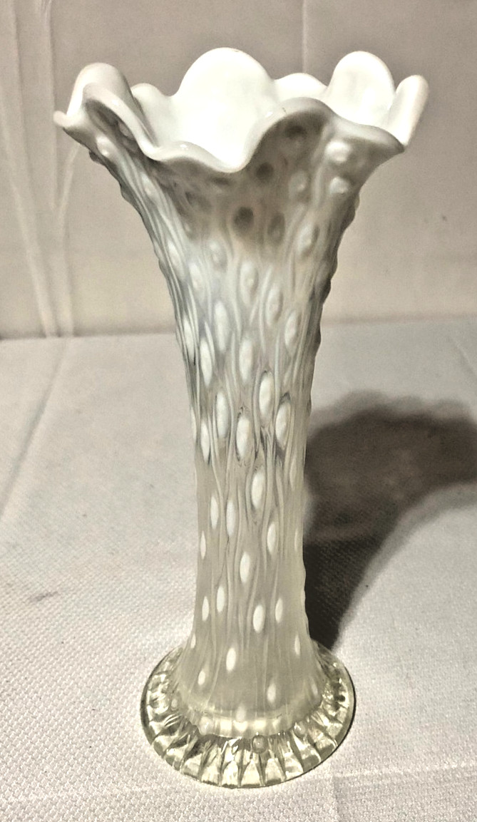 Antique Northwood Swung White Opalescent Stretch Dot Tree Trunk Glass Vase