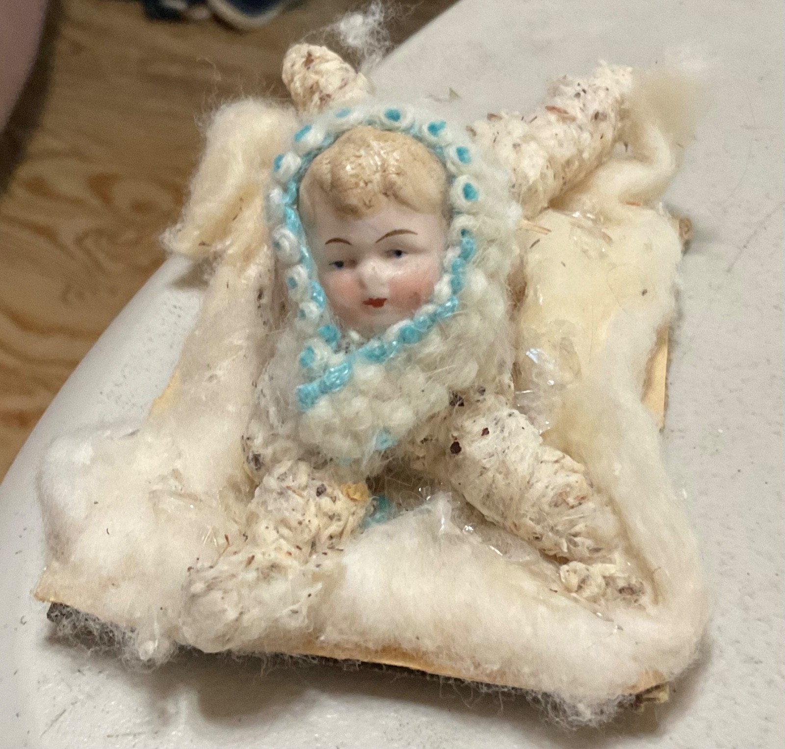 Antique German Spun Cotton Snow Baby Ornament Bisque Head Vintage Christmas