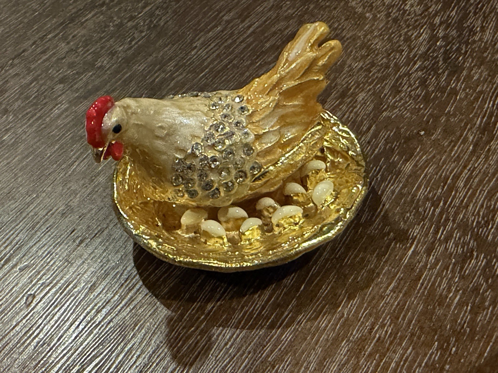 Hen on Nest Bejeweled Chicken Eggs Trinket Box Rhinestone Enamel Farmhouse LN