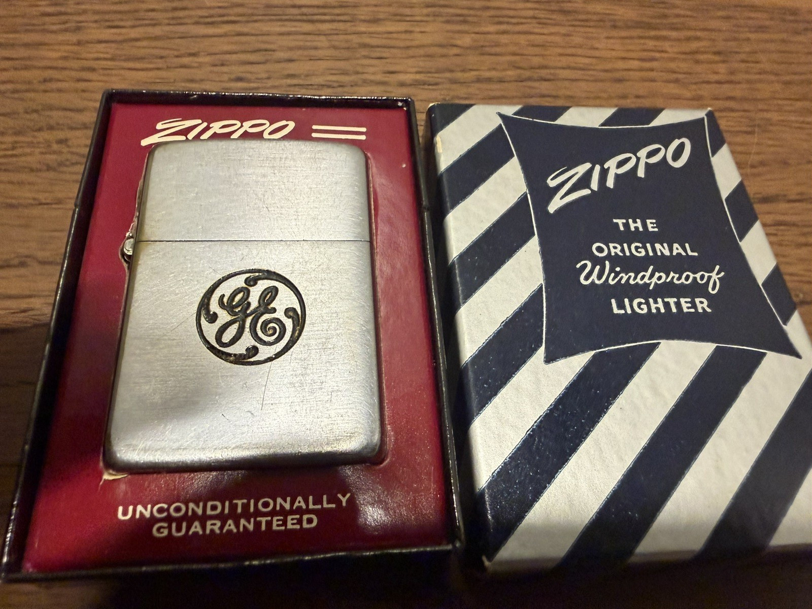 Vintage Zippo Lighter GE General Electric 1955 Black Silver Striped box Vintage Zippo Lighter GE General Electric 1955 Black Silver Striped box