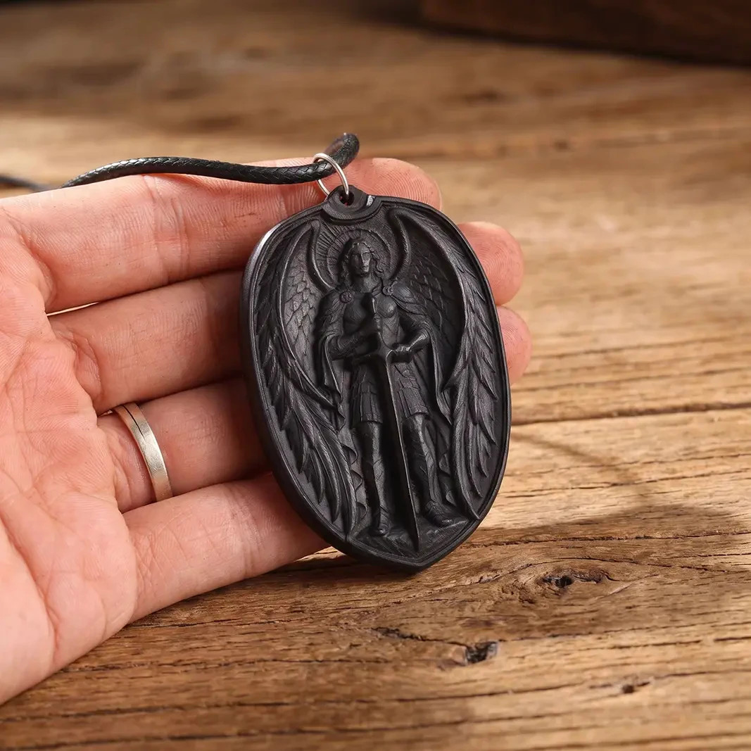 Personalized Saint Michael Oval Medallion Necklace – Handcrafted Ebony Wood Arch Personalized Saint Michael Oval Medallion Necklace – Handcrafted Ebony Wood Arch