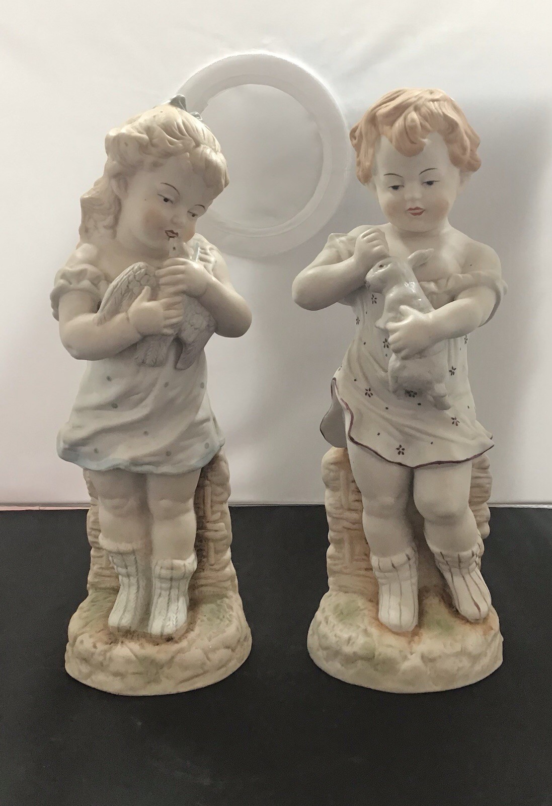 Pair Vintage Bisque Porcelain Figurines Boy w Rabbit/Girl w Dove 13\ Pair Vintage Bisque Porcelain Figurines Boy w Rabbit/Girl w Dove 13\