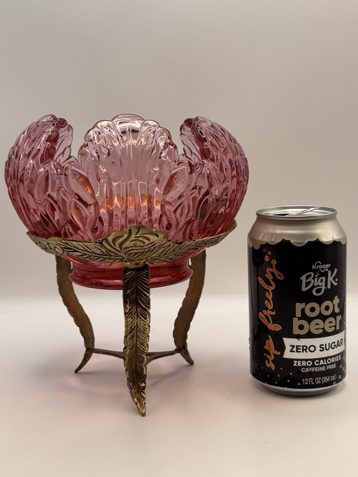 Vintage Fenton Pink Glass Empress Lotus Leaf Rose Bowl Candle Cup W/Brass Stand