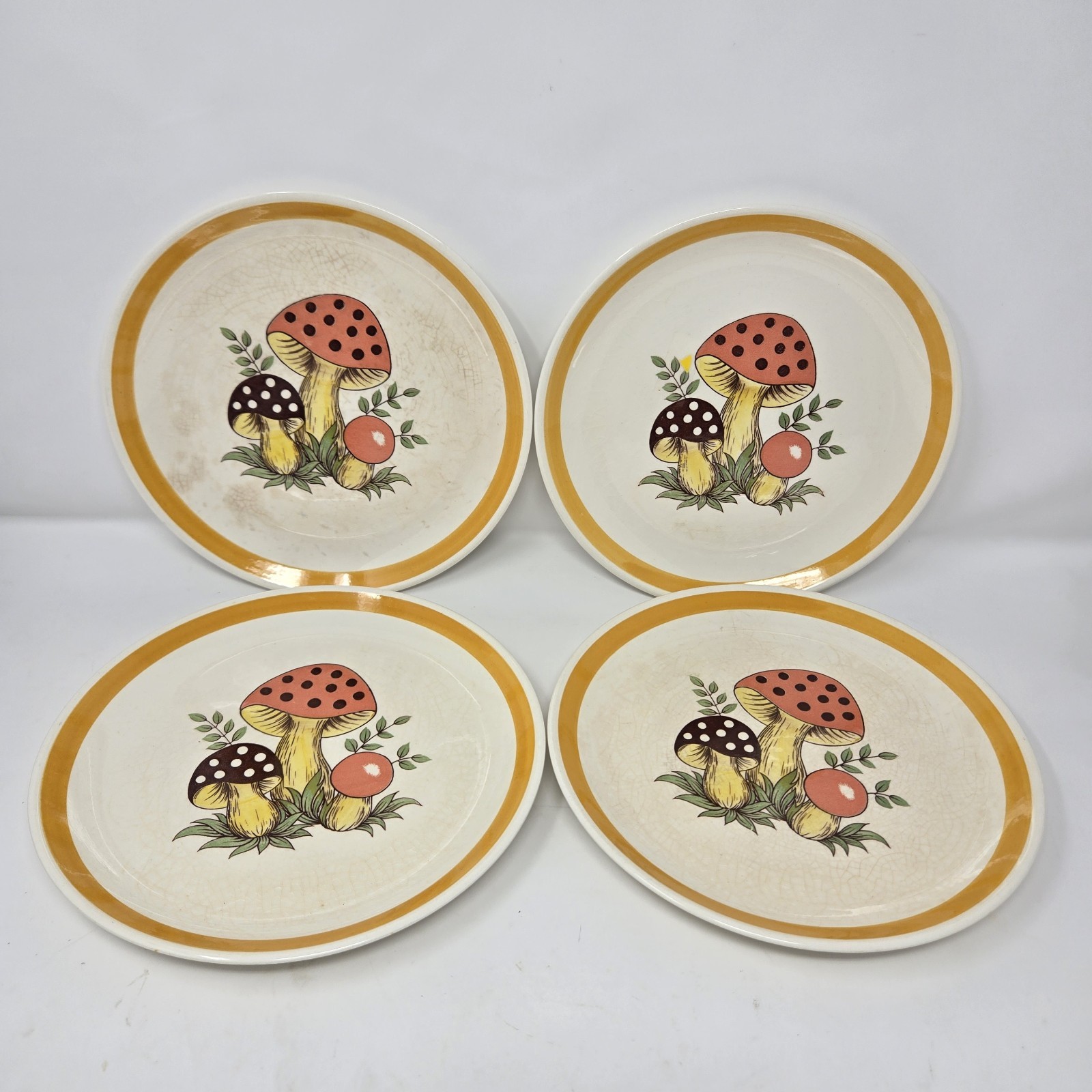 4 Vintage Merry Mushroom Sears & Roebuck Dinner Plates 9 1/2 4 Vintage Merry Mushroom Sears & Roebuck Dinner Plates 9 1/2