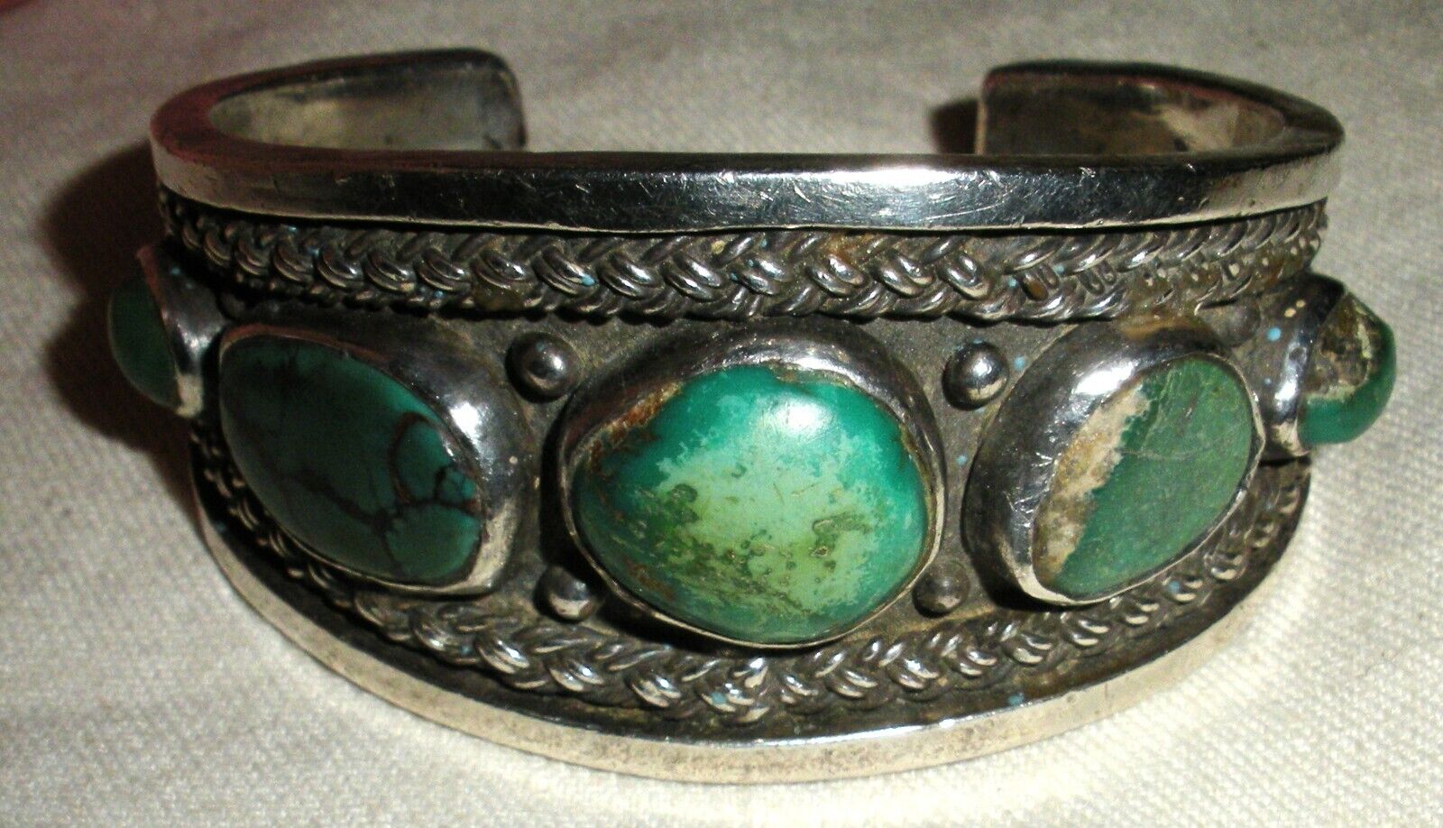 VINTAGE NAVAJO TURQUOISE TWISTED WIRE & HEAVY STERLING SILVER BRACELET vafo