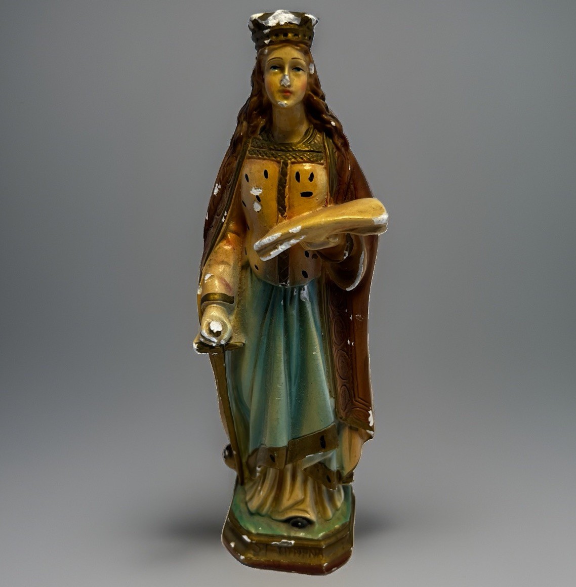 8.5” Antique Chalkware Statue of Saint Dymphna Italy Rare St. of Mental Illness