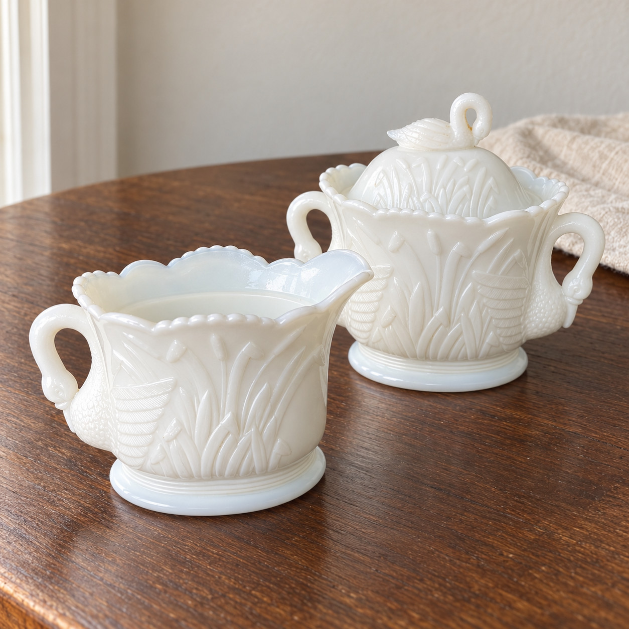 Vintage Westmoreland Milk Glass Swan and Cattails Covered Sugar & Creamer Set WG