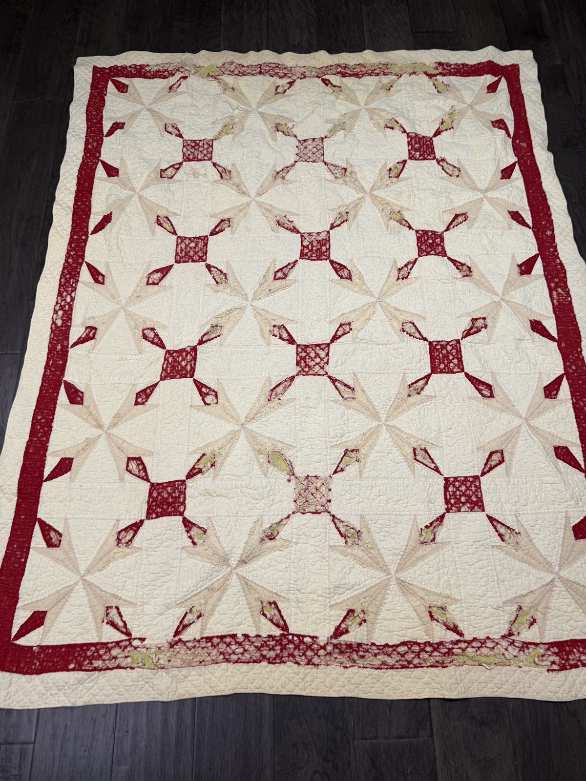 Antique Primitive Quilt Red Yellow White Farmhouse Americana Very Worn AS IS