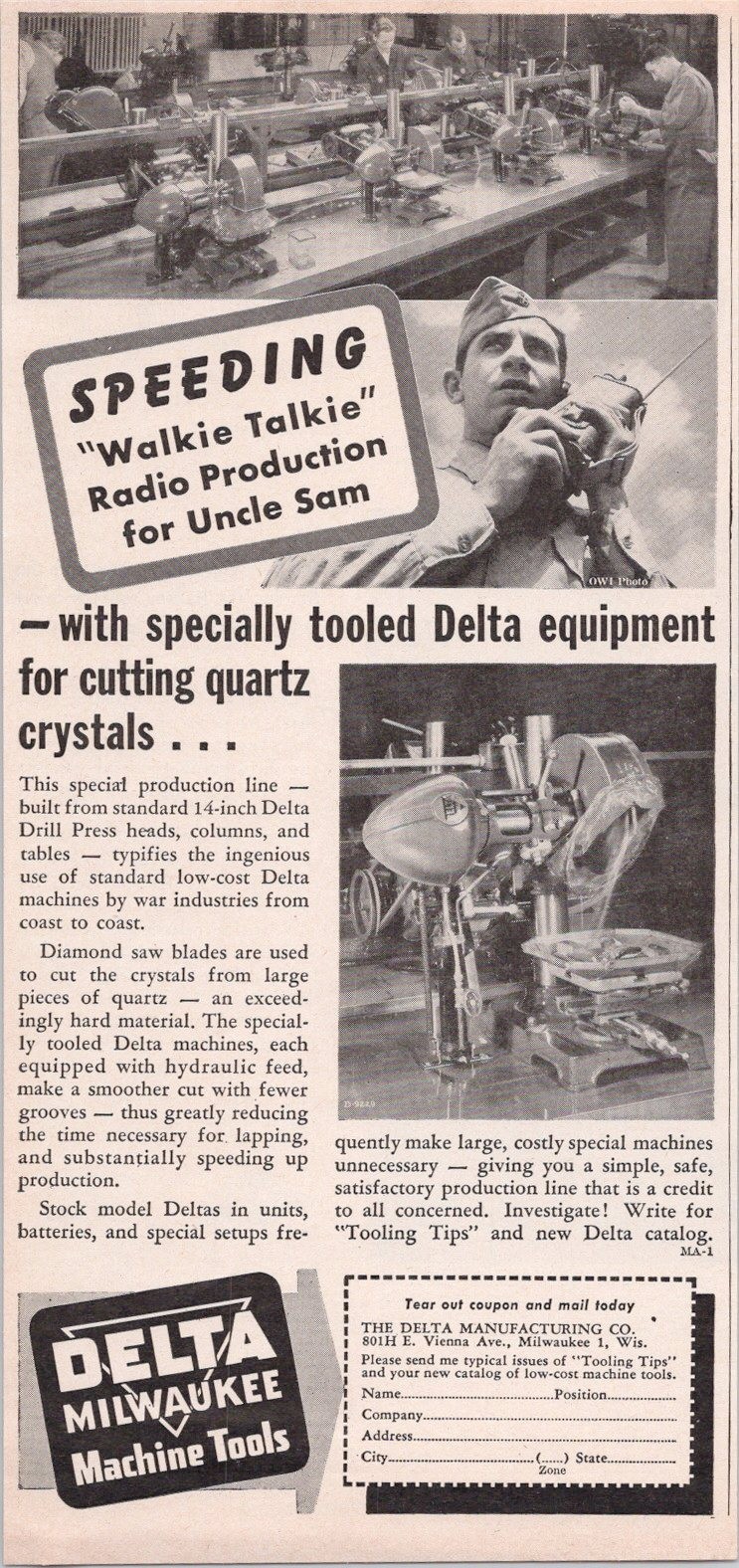 Delta Milwaukee Machine Tools 1943 Vintage Print Ad Walkie Talkie Radio