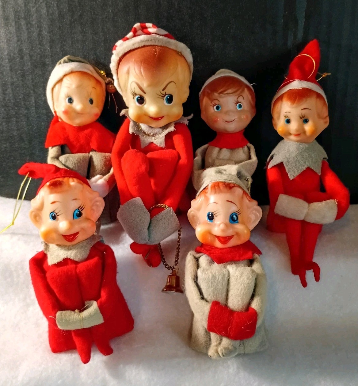 Lot of 6 Vintage 50s 60s Knee Hugger Elves Felt Christmas Ornaments Japan Delta