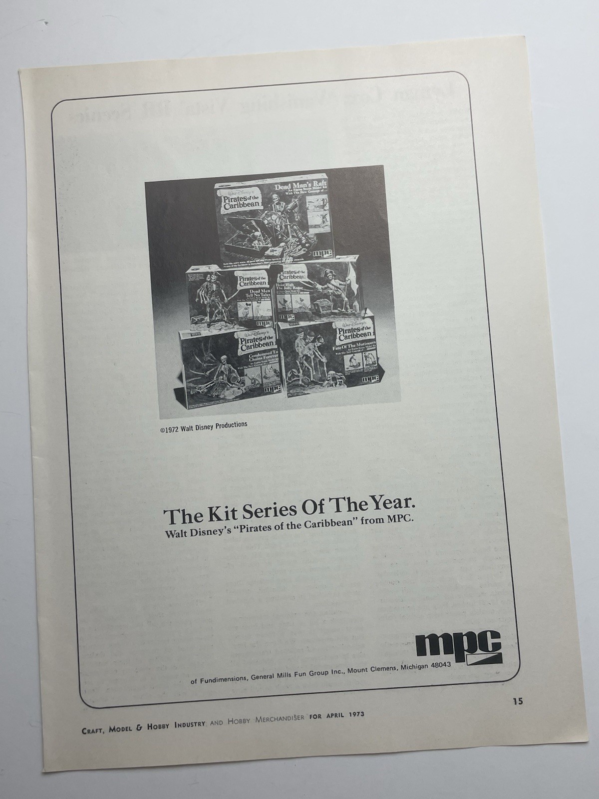 1973 MPC Disneyland Pirates Of The Caribbean Model Kit Trade Magazine Ad