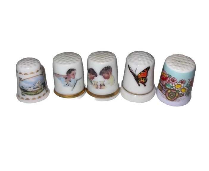 Five cute Vintage Porcelain Thimbles Norman Rockwell Butterfly Flowers  Five cute Vintage Porcelain Thimbles Norman Rockwell Butterfly Flowers 