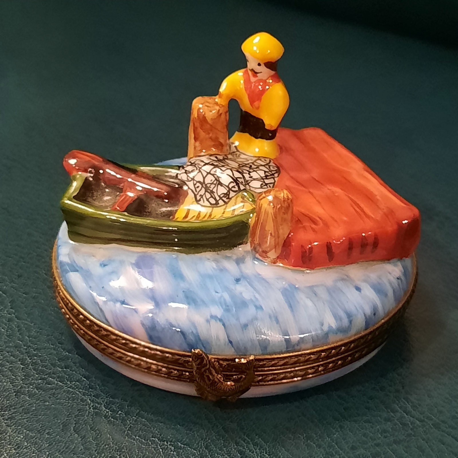 Limoges France Peint Main Fisherman with Boat Fish Clasp