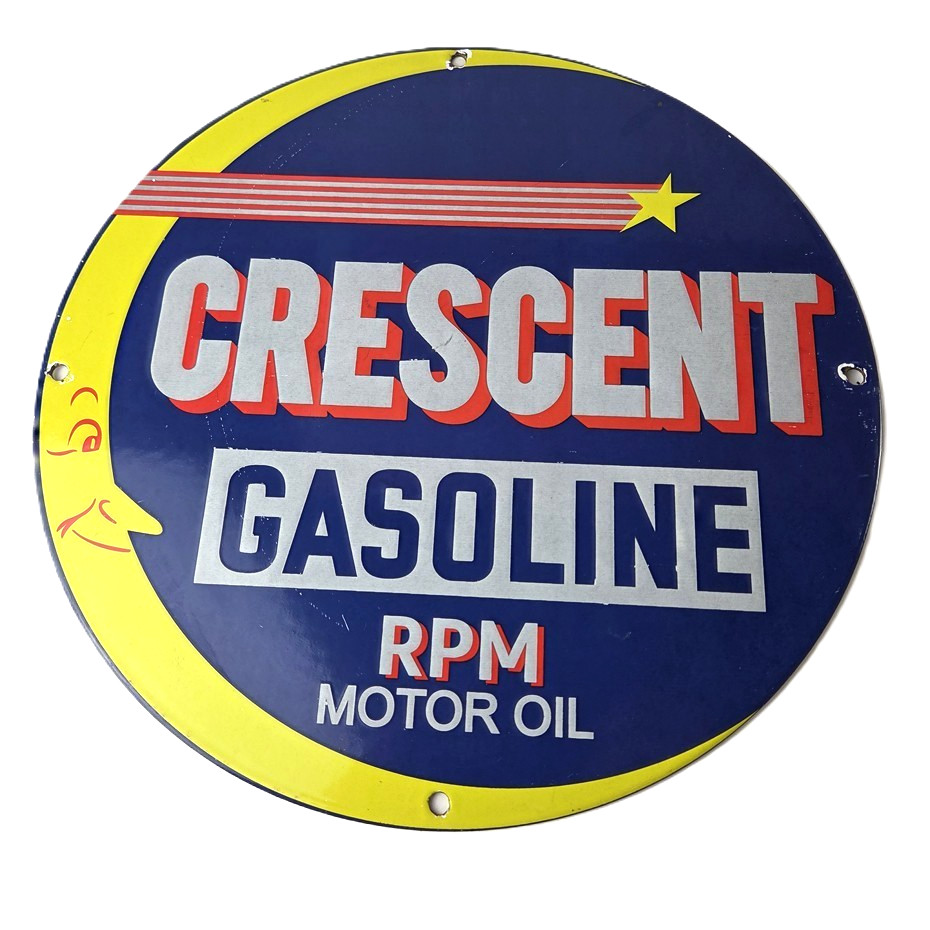 Vintage Crescent Gasoline Sign - RPM Motor Oil Porcelain Gas Pump Station Sign Vintage Crescent Gasoline Sign - RPM Motor Oil Porcelain Gas Pump Station Sign