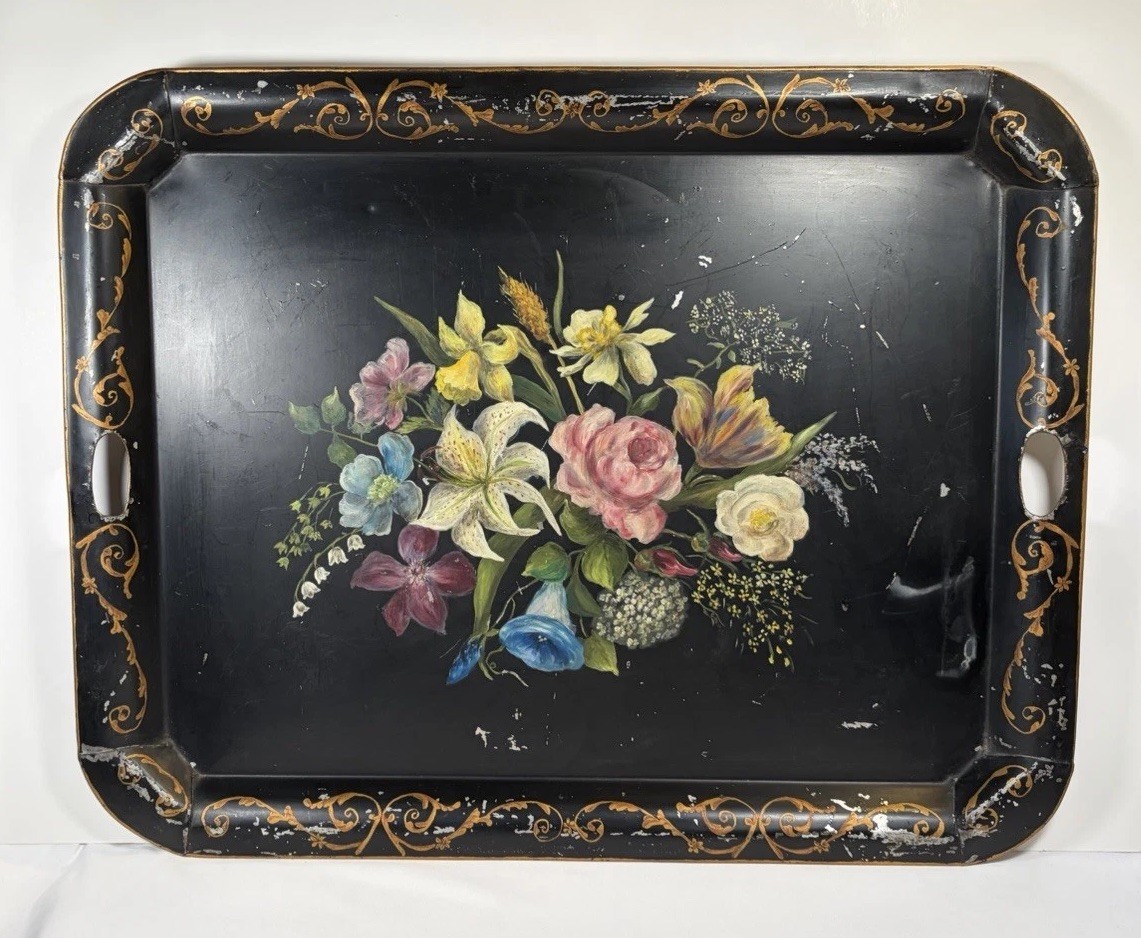 Vintage Antique Large Toleware Hand Painted Metal Floral Tray 1x18x23”