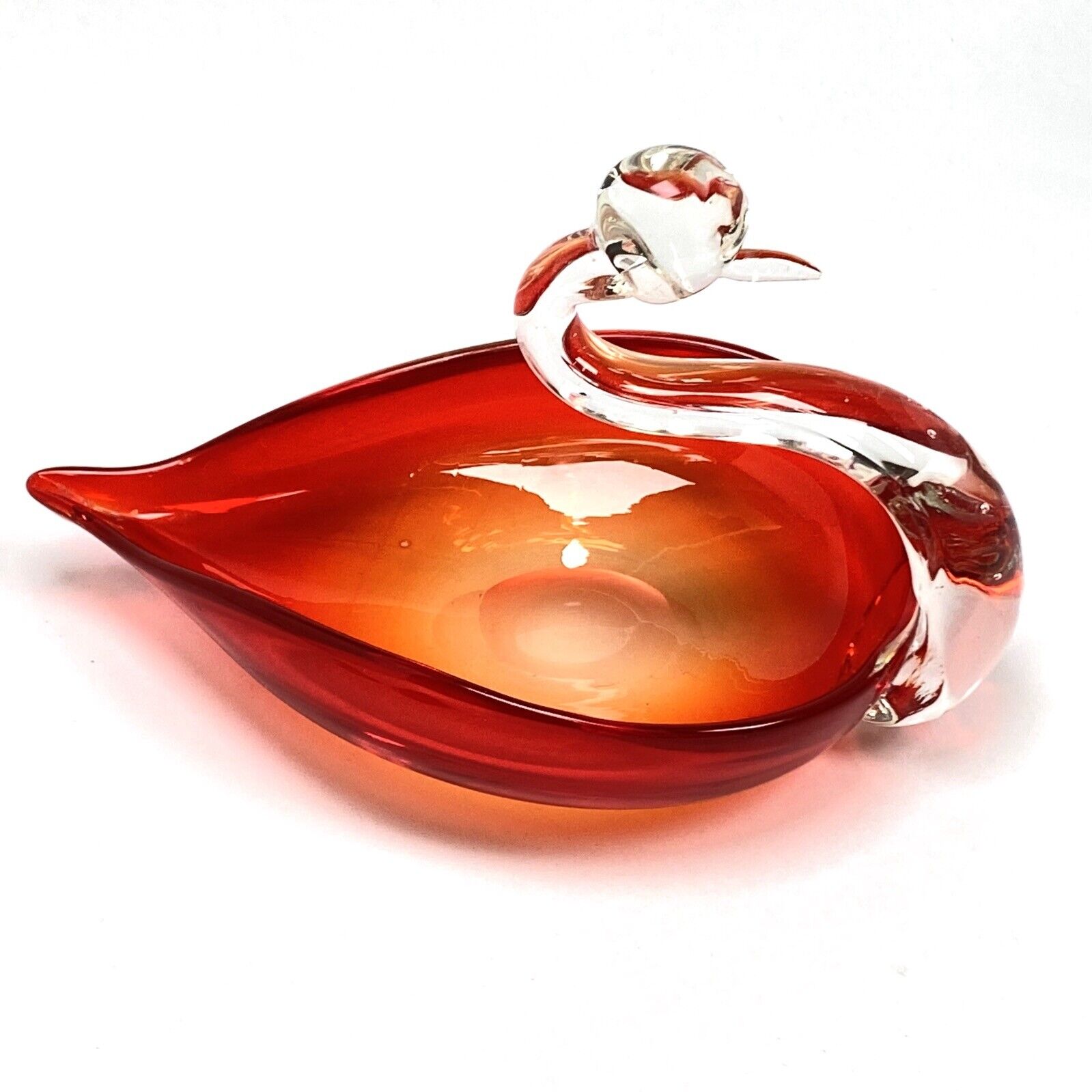 Vintage Art Glass Hand Blown Red Crystal Swan Candy Dish