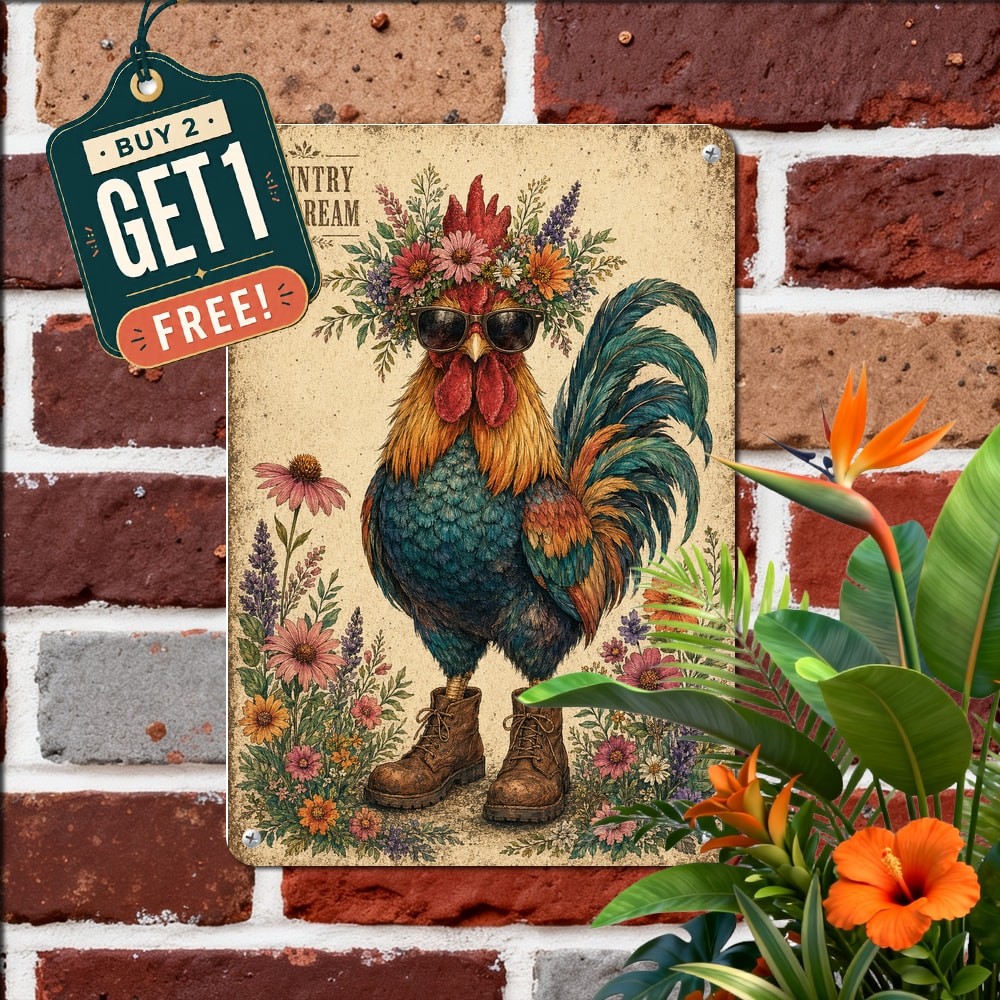 Rooster Flower Crown Sunglasses Art Tin Sign Retro Farmhouse Kitchen Decor