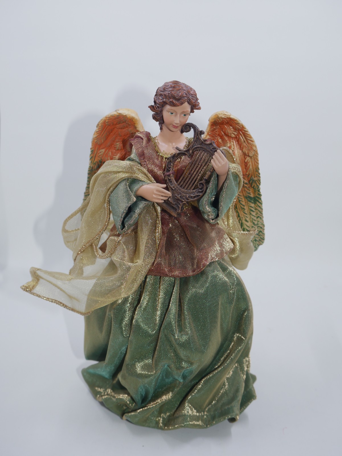 Classic Victorian Christmas Tree Angel Topper w/ Harp Figurine Decorative