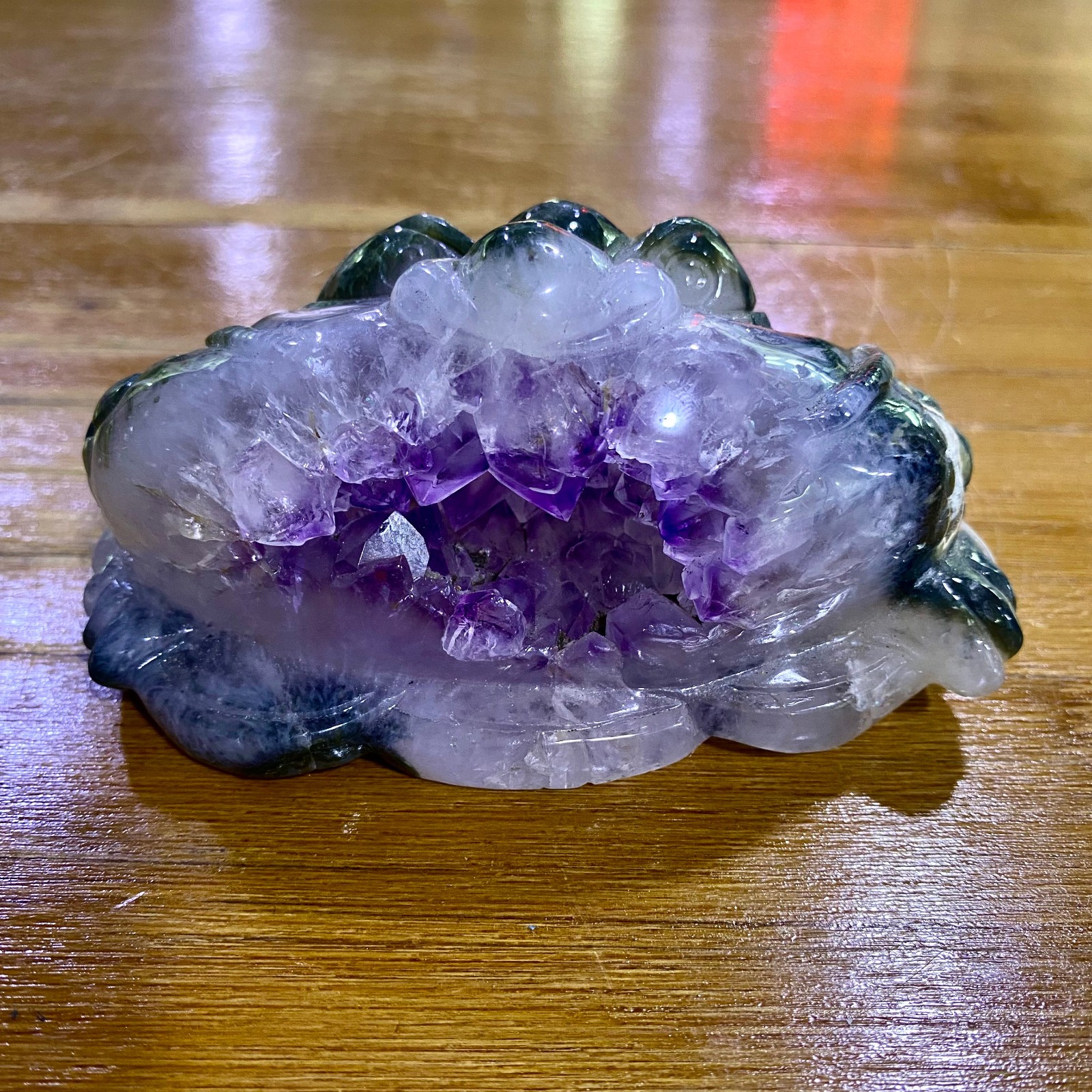 1.2LB Natural Amethyst agate geode quartz crystal Hand carved Golden Toad
