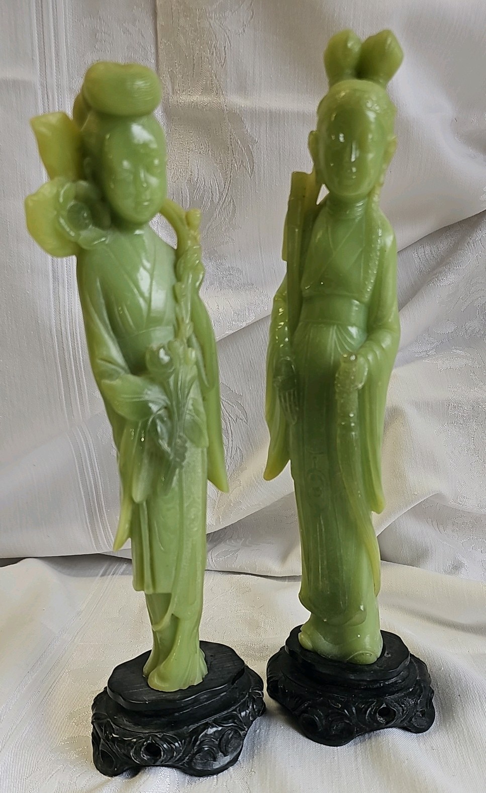 Pair Vintage Faux Green Jade Resin Asian Figures Male & Female Flower Sword Pair Vintage Faux Green Jade Resin Asian Figures Male & Female Flower Sword
