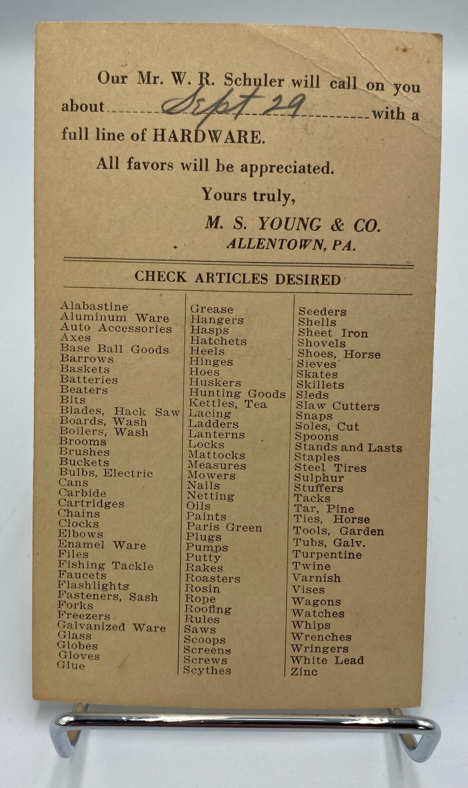 Vtg c.1930's-1940's M.S. Young & Hardware Co. Advertisement Postcard