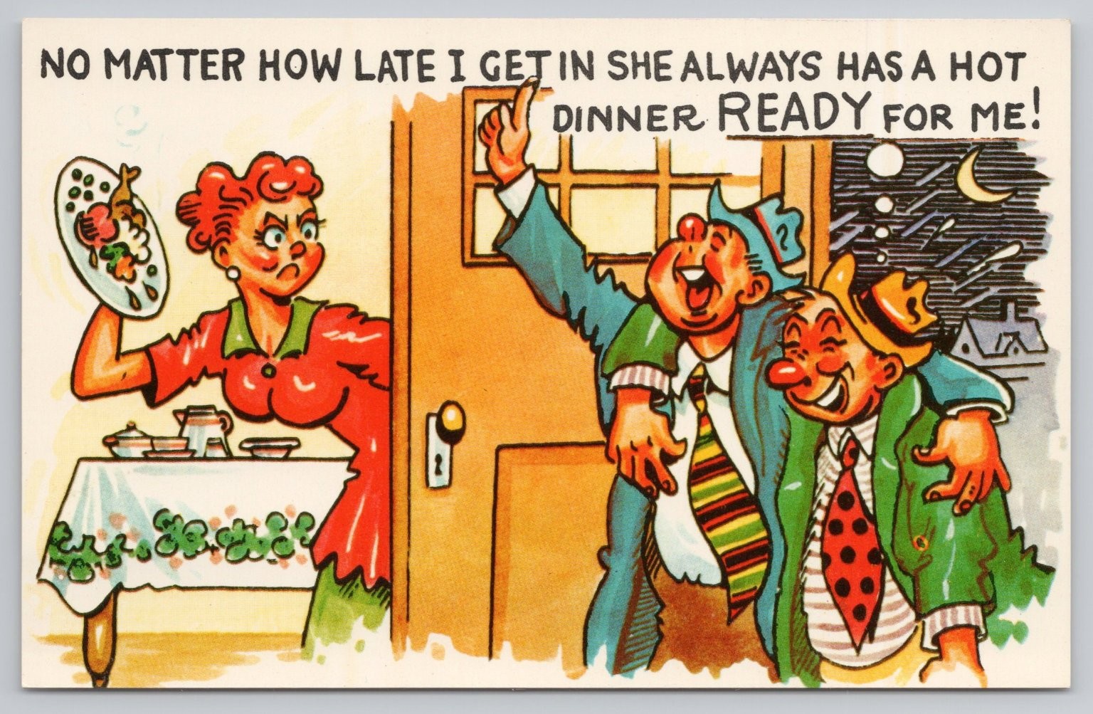 Humorous Cartoon Postcard Late Husband, Hot Dinner, Annoyed Wife Comic Humorous Cartoon Postcard Late Husband, Hot Dinner, Annoyed Wife Comic