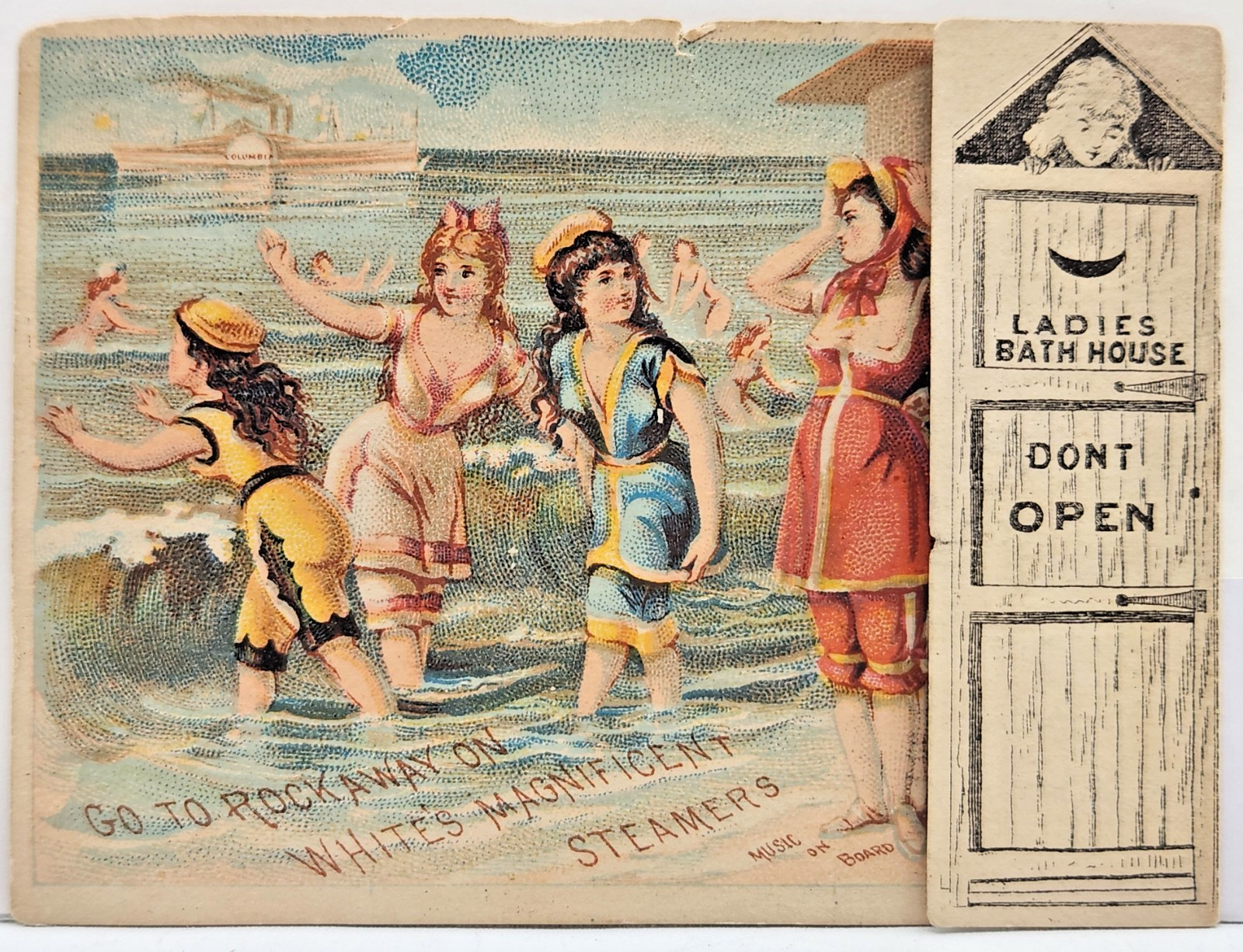 Rockaway Beach Excursion Time Table Mechanical Trade Card w/ Bathing Beauties