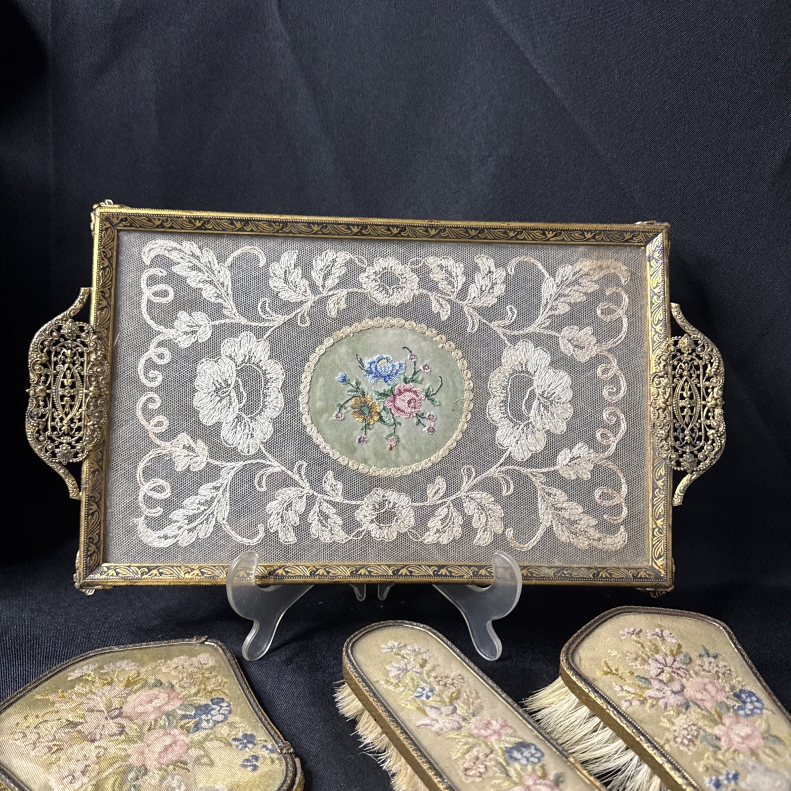 Antique French Gilt Brass Petit Point Tapestry 4 Pc Vanity Set Dresser Set Antique French Gilt Brass Petit Point Tapestry 4 Pc Vanity Set Dresser Set