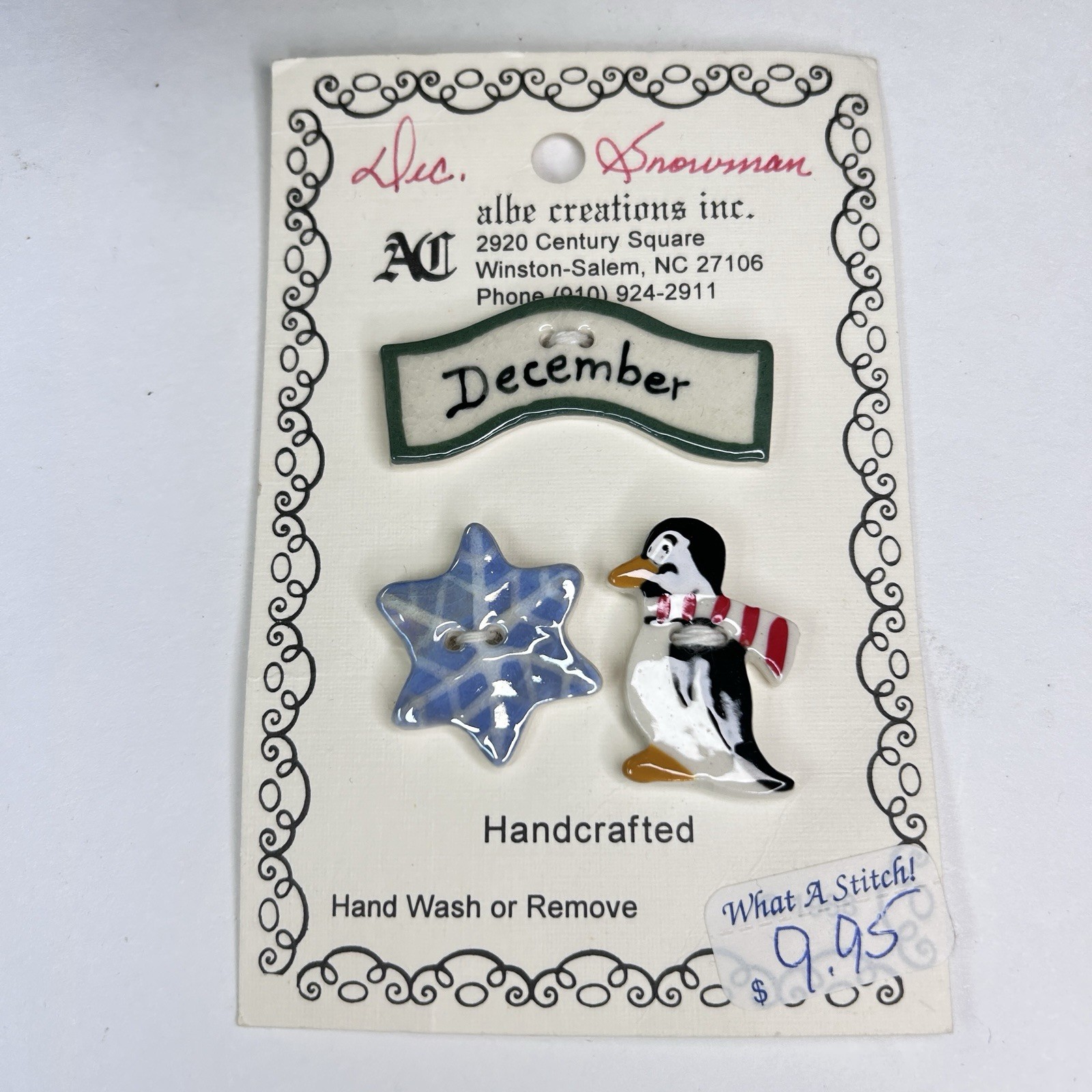 Vtg Albe Creations 1988 Christmas Buttons Ceramic Handcrafted Penguin December